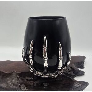 WINE GLASS Gothic Black Glass With Silver Skeleton Hand Stemless Metal Halloween